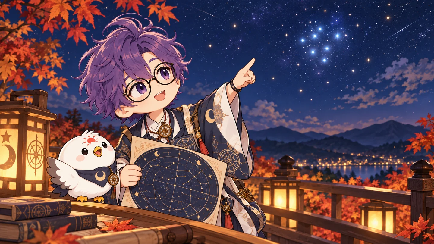 秋の夜、丸い星図を持ち、小さな星の集まりを指す紫髪と丸眼鏡の暦の案内人。白い鳥のこよまるも空を見上げている。