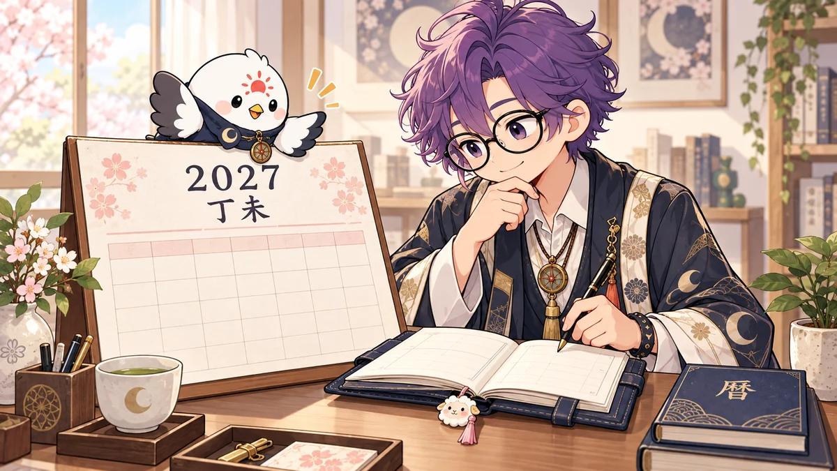 紫髪と丸眼鏡のこよみくんが2027年と丁未の年見出しを開いた手帳と見比べ、白い鳥のこよまるが原表を指す専用イラスト