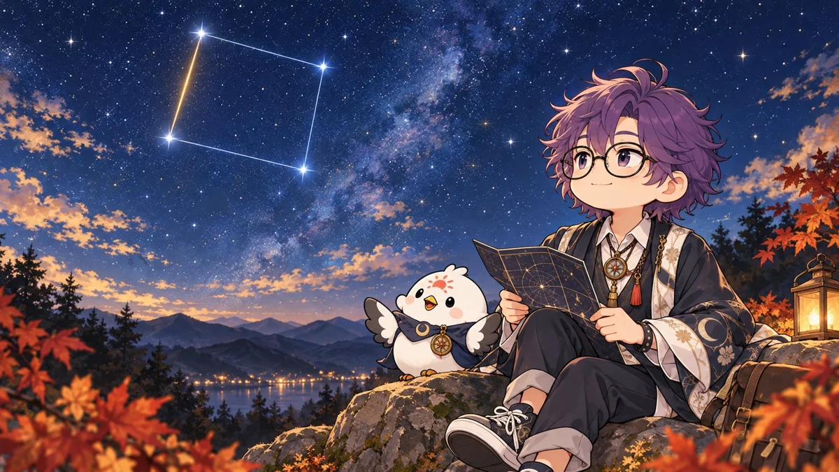 こよみくんと白い鳥のこよまるが、秋の夜空の四辺形と手元の星図を見比べ、壁宿の星を探す準備をしているイラスト