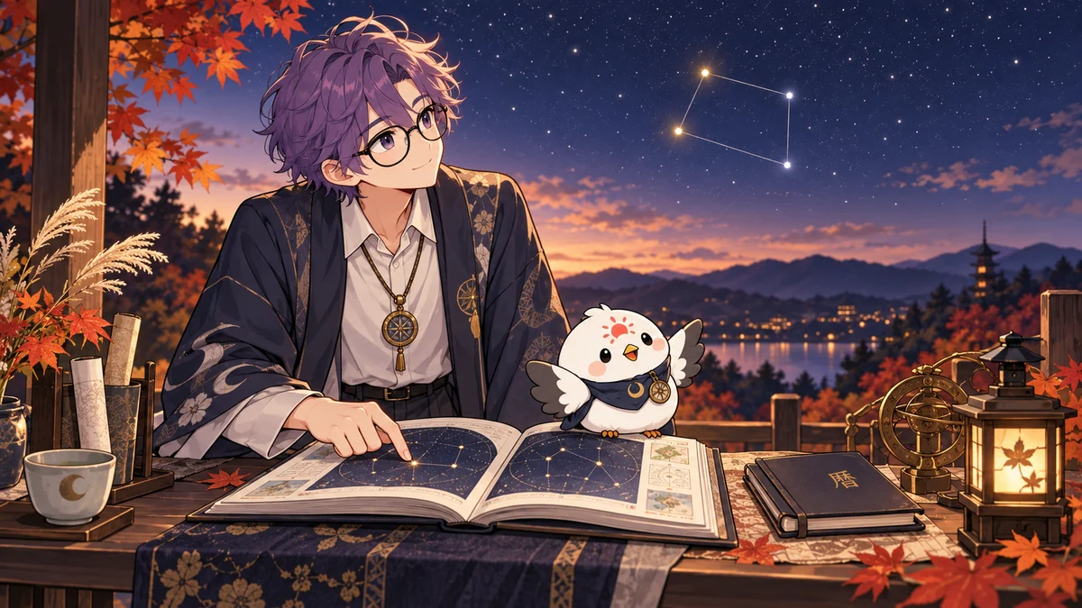 紫髪で丸眼鏡のこよみくんと白い鳥のこよまるが、秋の夕空の四辺形と机の星名資料を見比べ、室宿に対応する二つの星をたどるイラスト